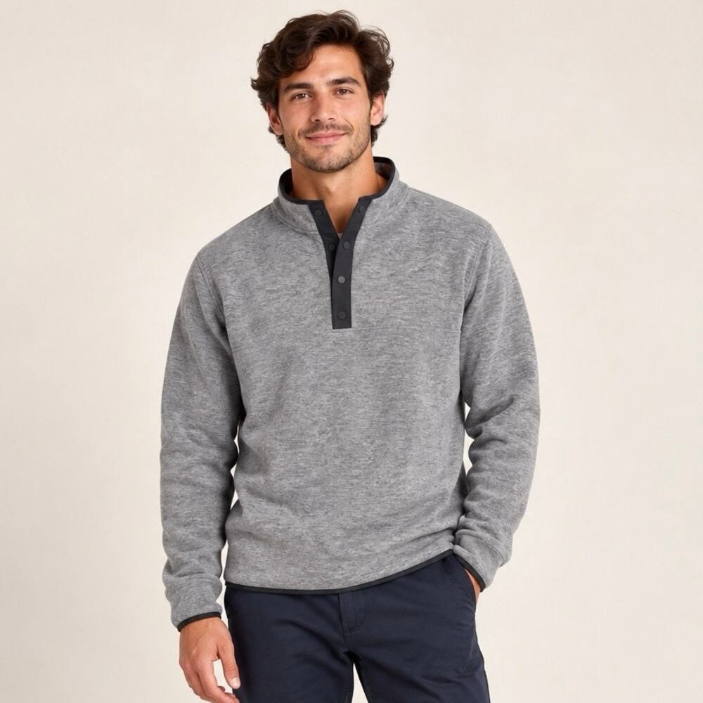 Marine Layer Mens M Gray Fleece Pullover Snap Neck Mock Collar Casual Sweater
